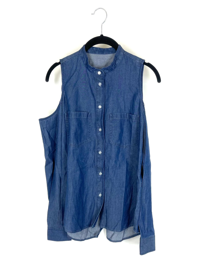 Denim Long Sleeve Button Down Top with Shoulder Cutouts - Small