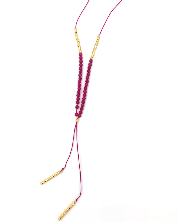 Pink String Necklace With Pink And Gold Beads