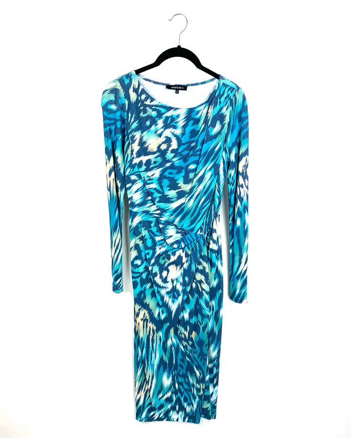 Green and Blue Animal Print Long Sleeve Dress - Small