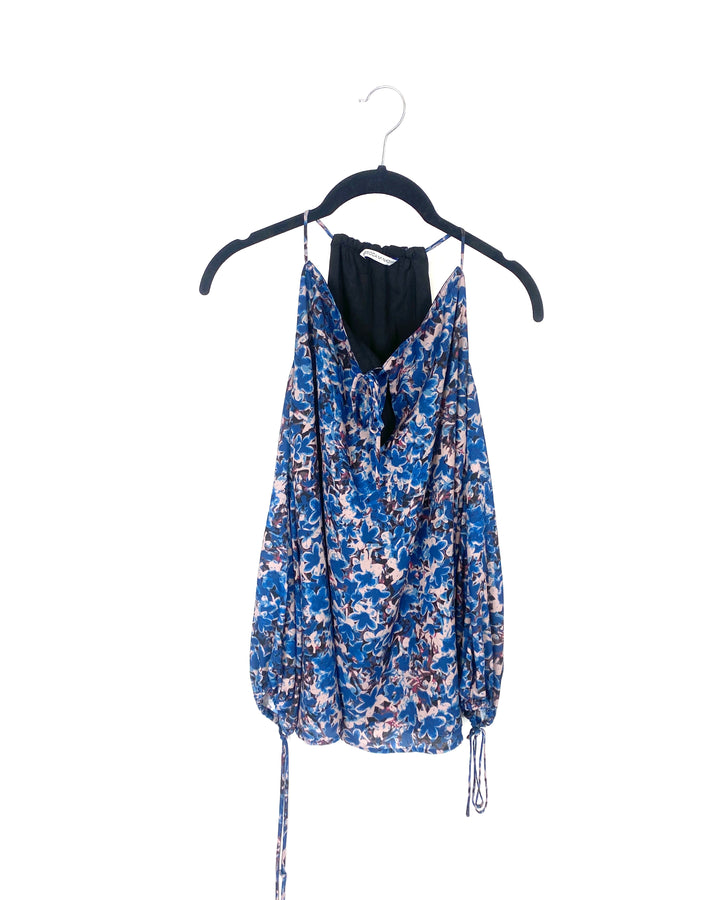 Blue Floral Patterned Cold Shoulder Top - Small
