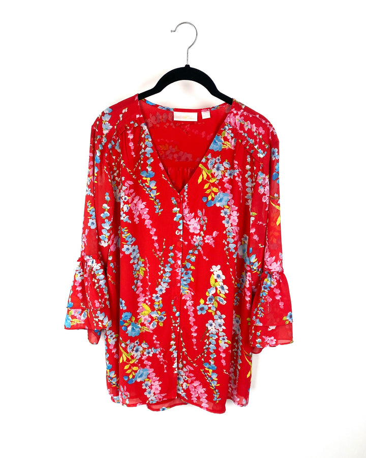 Red Button Up Floral Print Top - Large/Extra Large