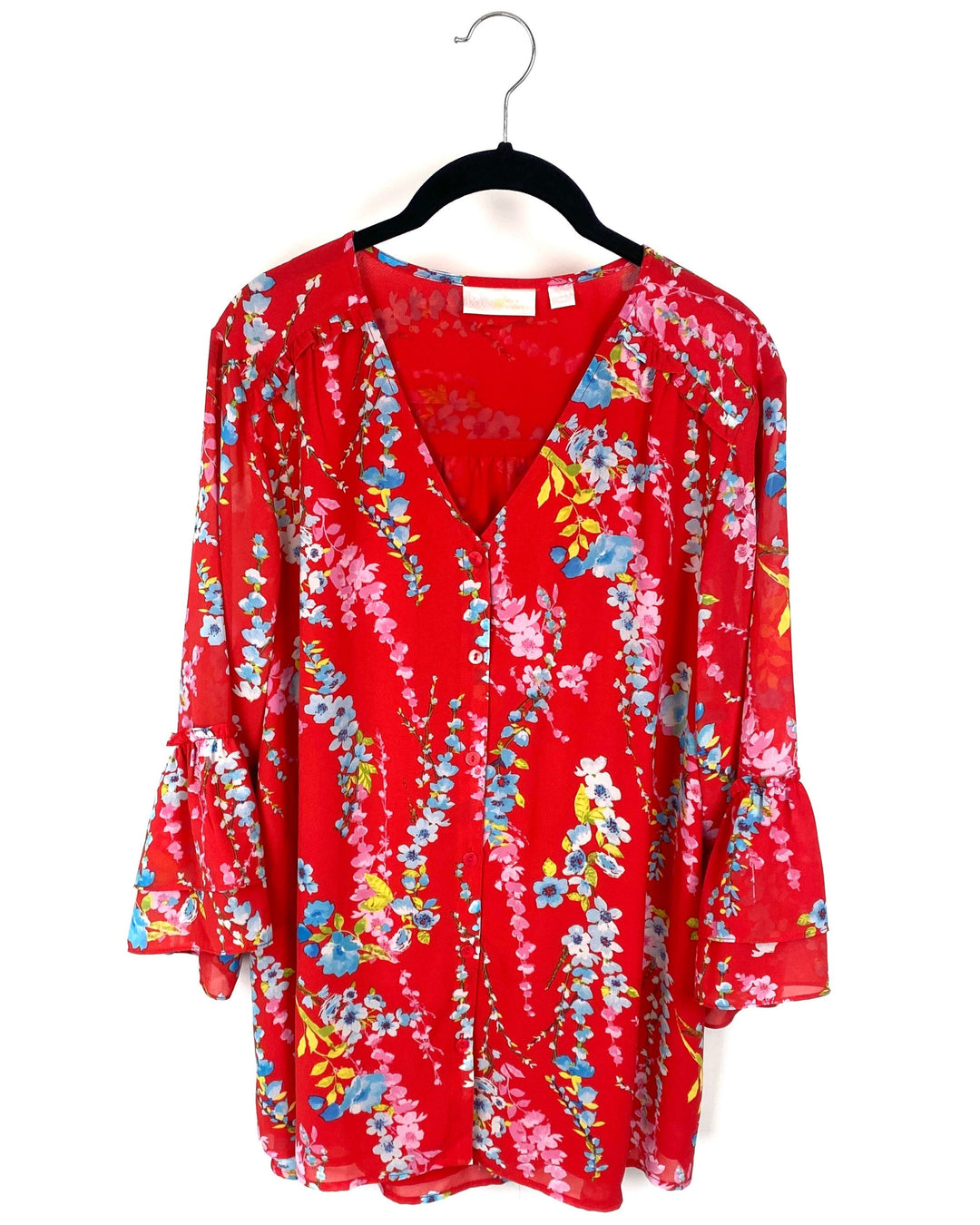 Red Button Up Floral Print Top - Large/Extra Large