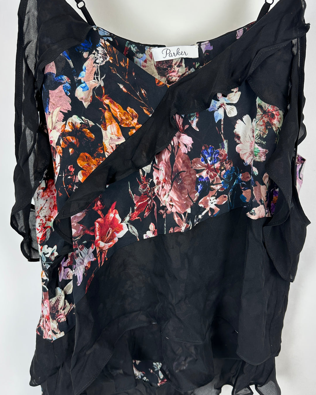 Black And Multicolor Floral Open Shoulder Sleeve Ruffled Blouse - Small