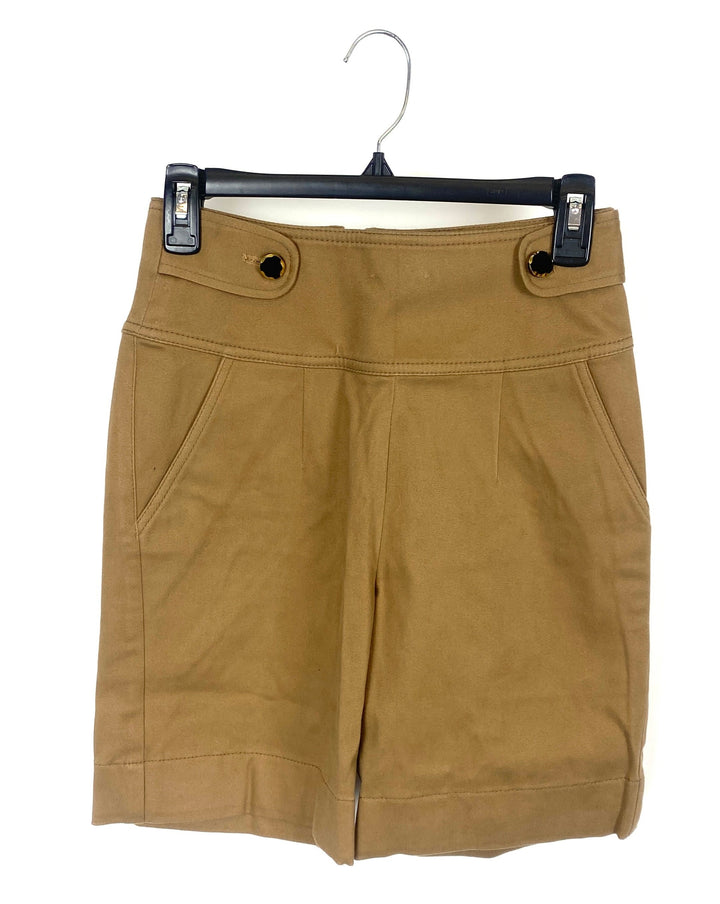 Cuffed Tan Shorts With Buckle Detailing  -Small