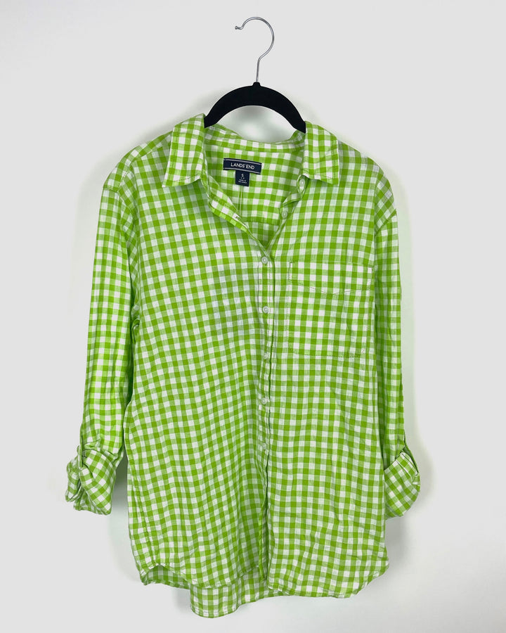 Green and White Long Sleeve Gingham Top - Small