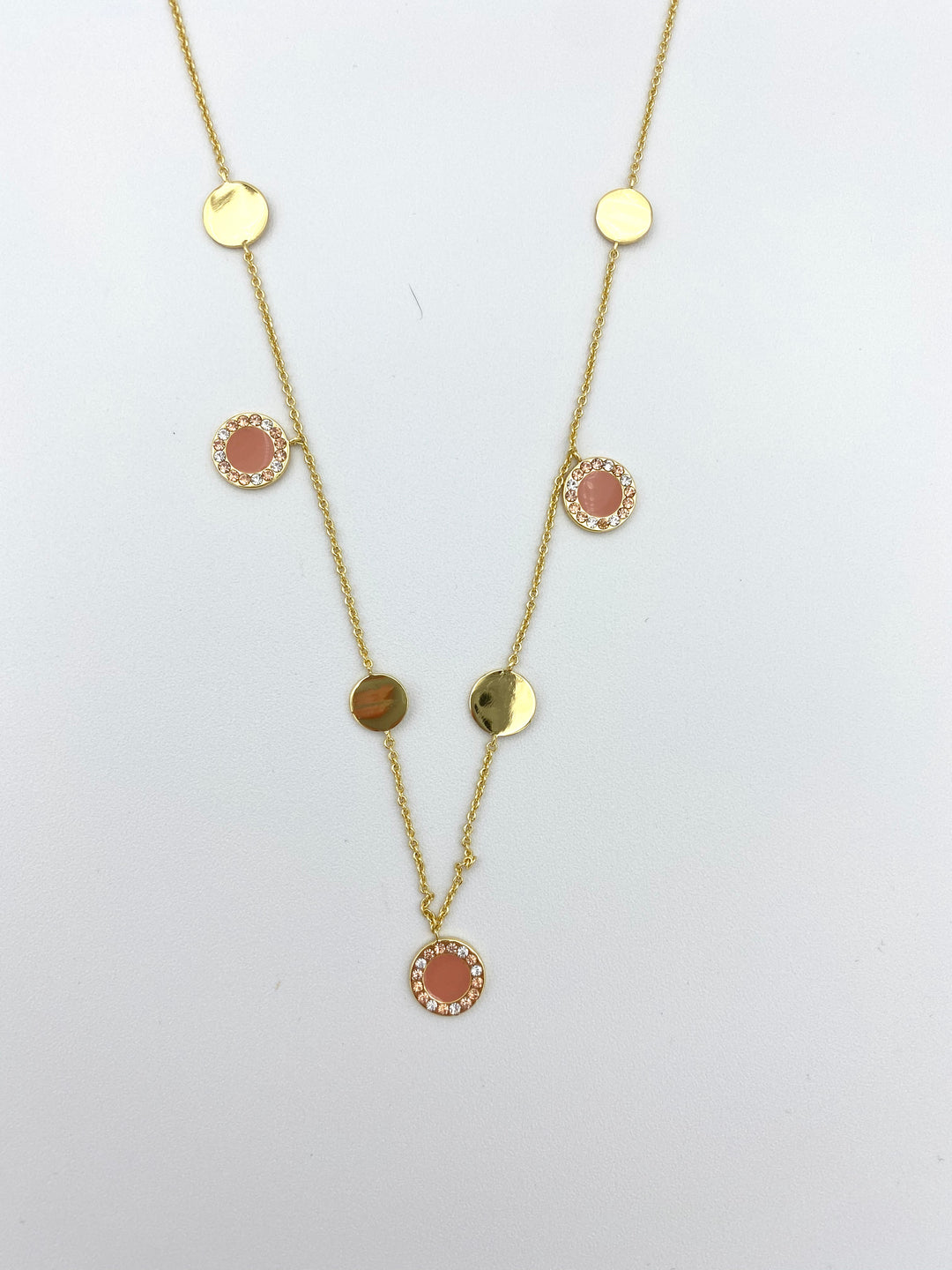 Gold Necklace With Circular Pink Charms