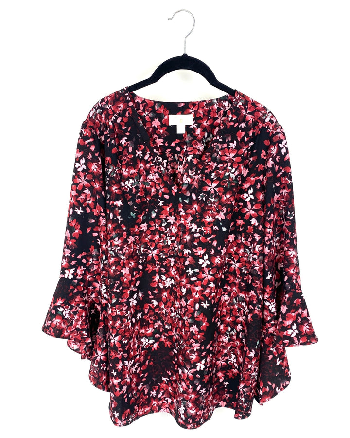 Black And Red Floral Printed Top - Medium/Large