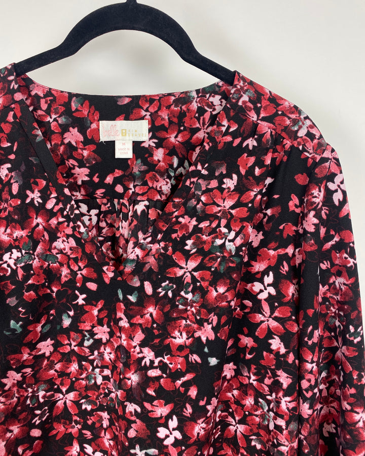 Black And Red Floral Printed Top - Medium/Large