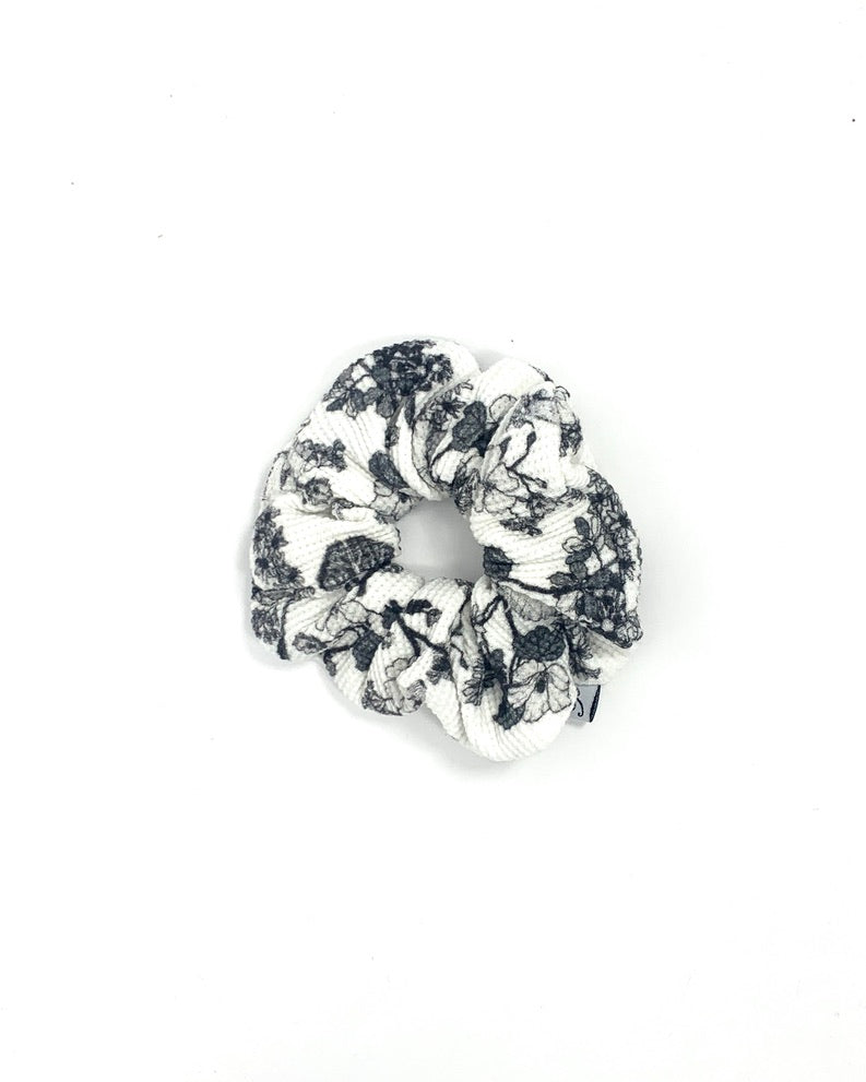 White and Black Floral Set of Two Scrunchies
