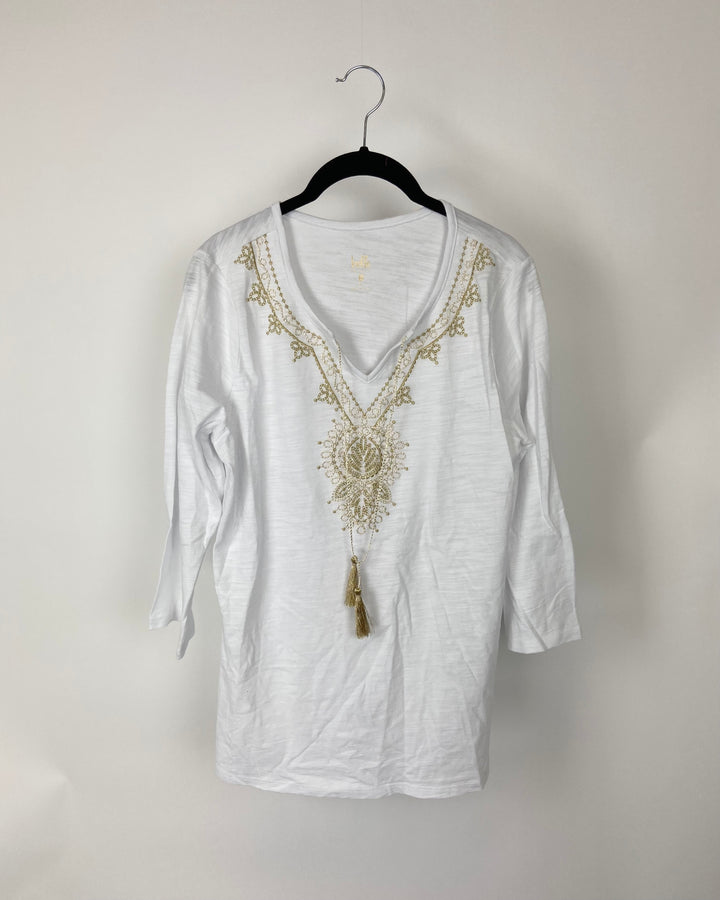 White Embroidered Long Sleeve Top - Small/Medium