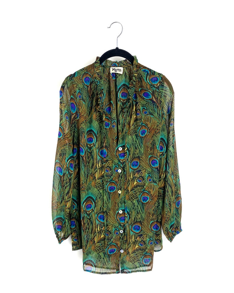 Peacock Printed Long Sleeve Blouse - Extra Small