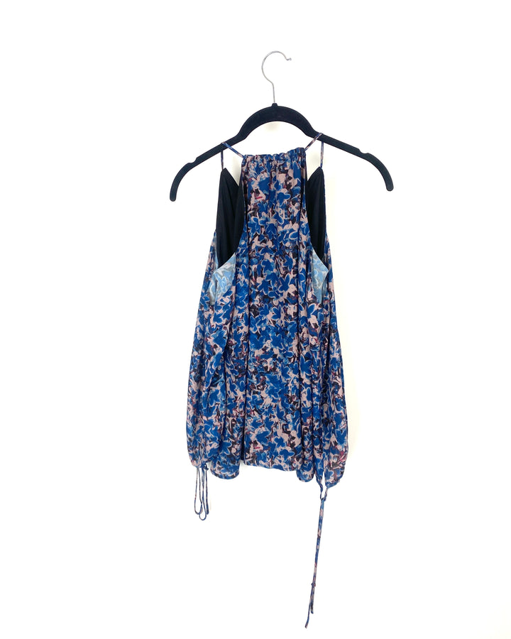 Blue Floral Patterned Cold Shoulder Top - Small