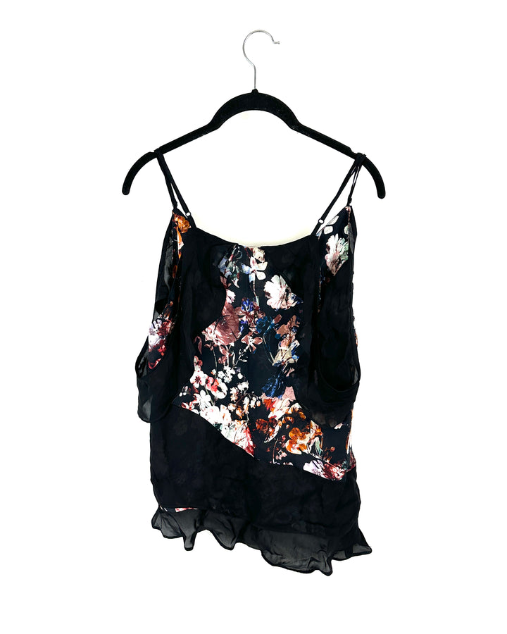 Black And Multicolor Floral Open Shoulder Sleeve Ruffled Blouse - Small