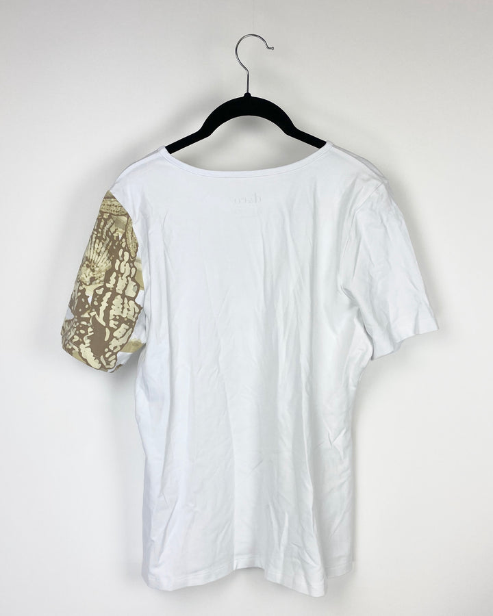 Gold and White Printed Short Sleeve Shirt - Size Small