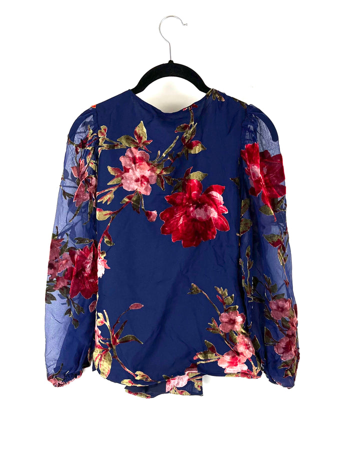 Dark Blue Velvet Floral Blouse - Extra Small and Small