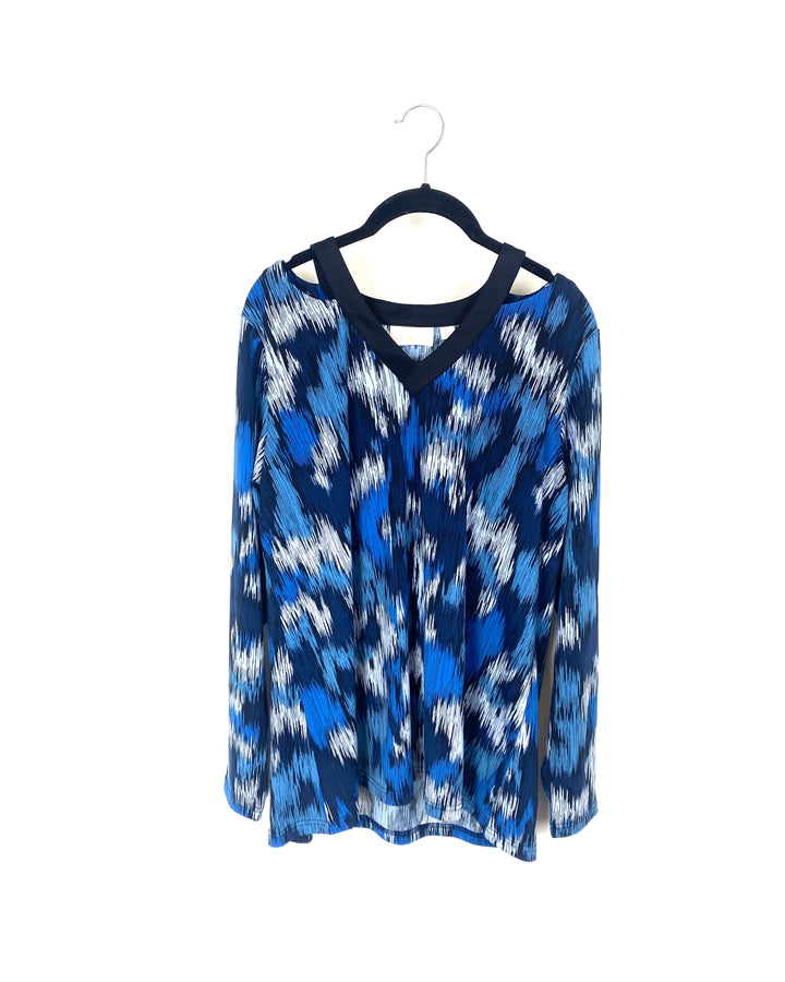 Blue Abstract Cutout Shoulder Top - Large/Extra Large