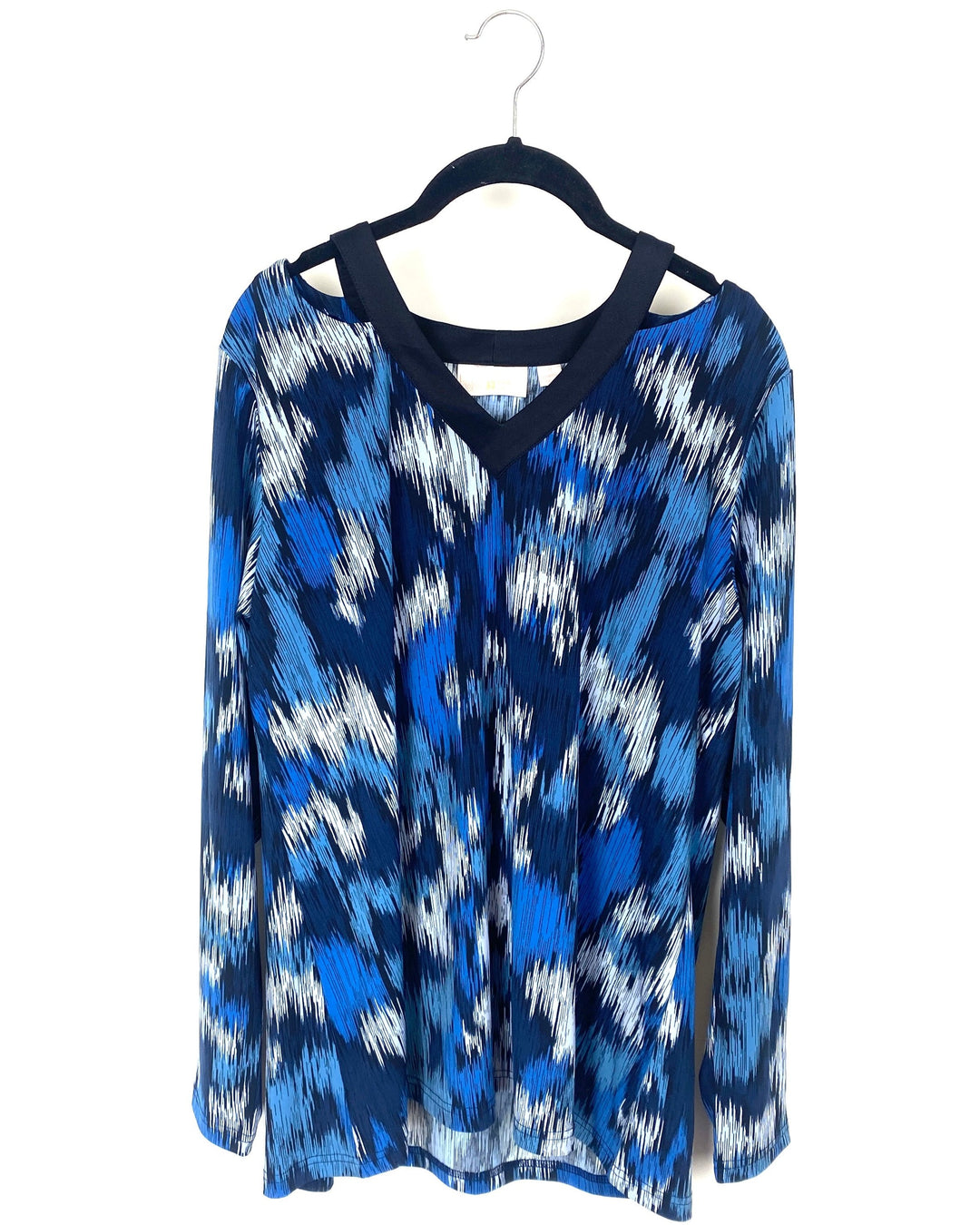 Blue Abstract Cutout Shoulder Top - Large/Extra Large