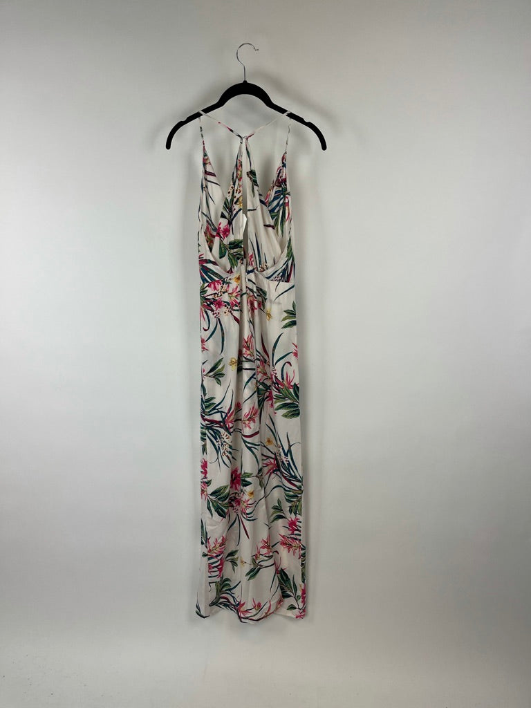 White High Low Dress With Bright Floral Print - Small