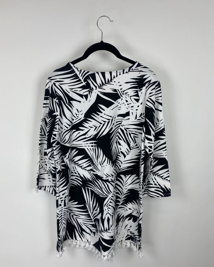 Black and White Tropical Printed Top with Tassels - Small/Medium