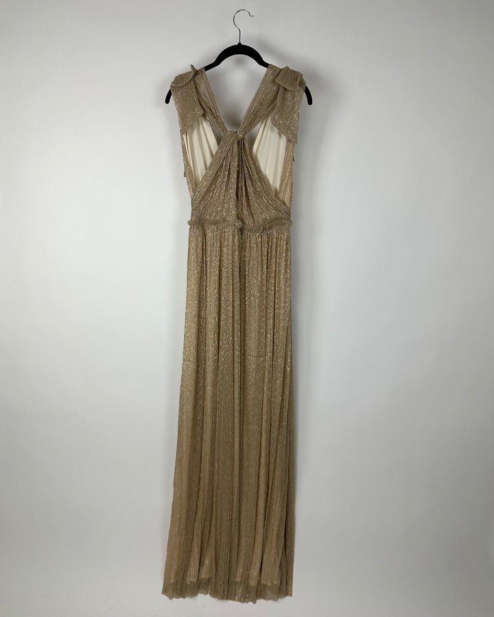 Gold Metallic Tie Shoulder Maxi Dress - Size 0/2