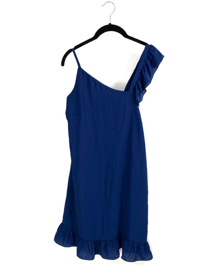 Navy Blue One Ruffle Shoulder Dress - Small