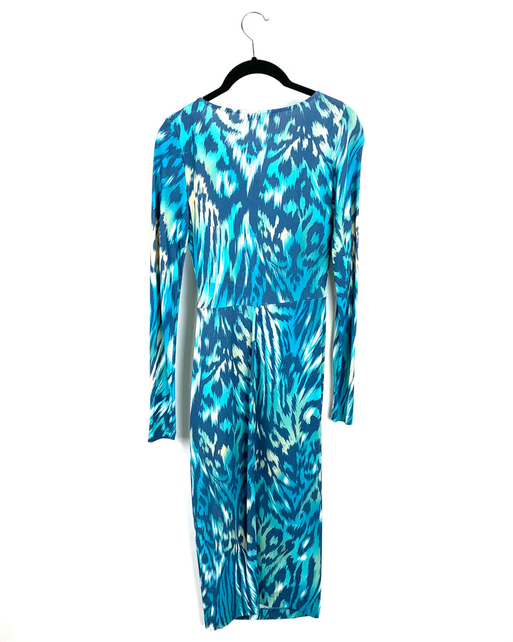 Green and Blue Animal Print Long Sleeve Dress - Small