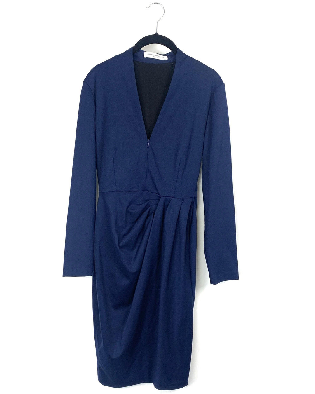 Amanda Uprichard Navy Long Sleeve V-Neck Midi Dress- Small - The Fashion Foundation - {{ discount designer}}