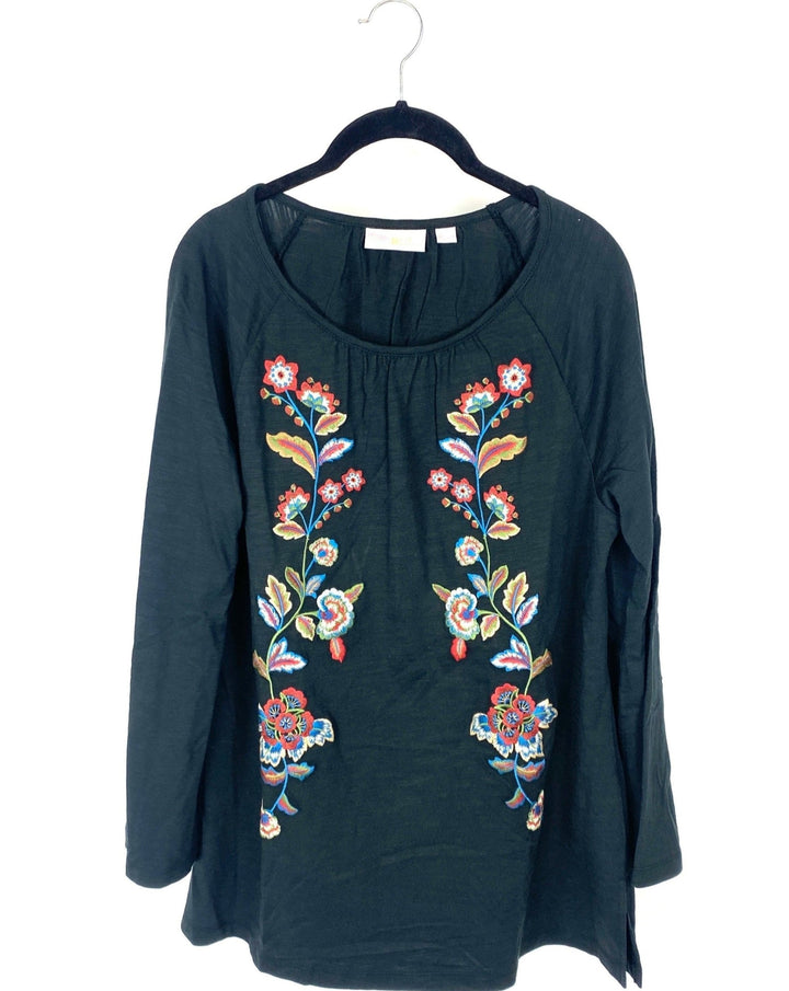Black Floral Embroidered Top - Small/Medium