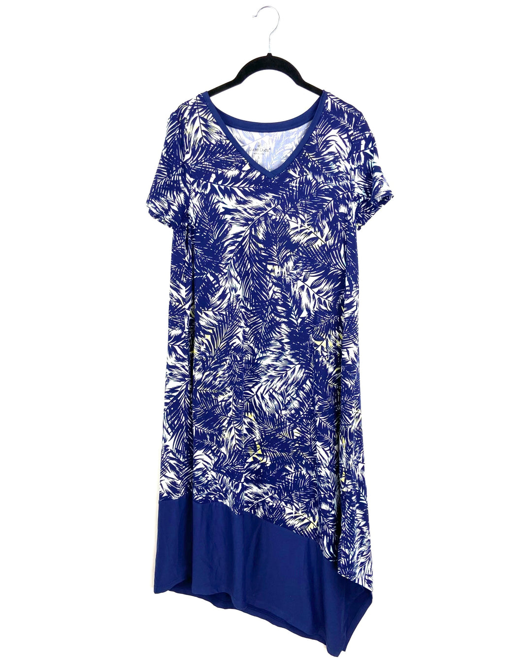 Navy Blue Tropical Print Short Sleeve Midi Dress - Size 6/8