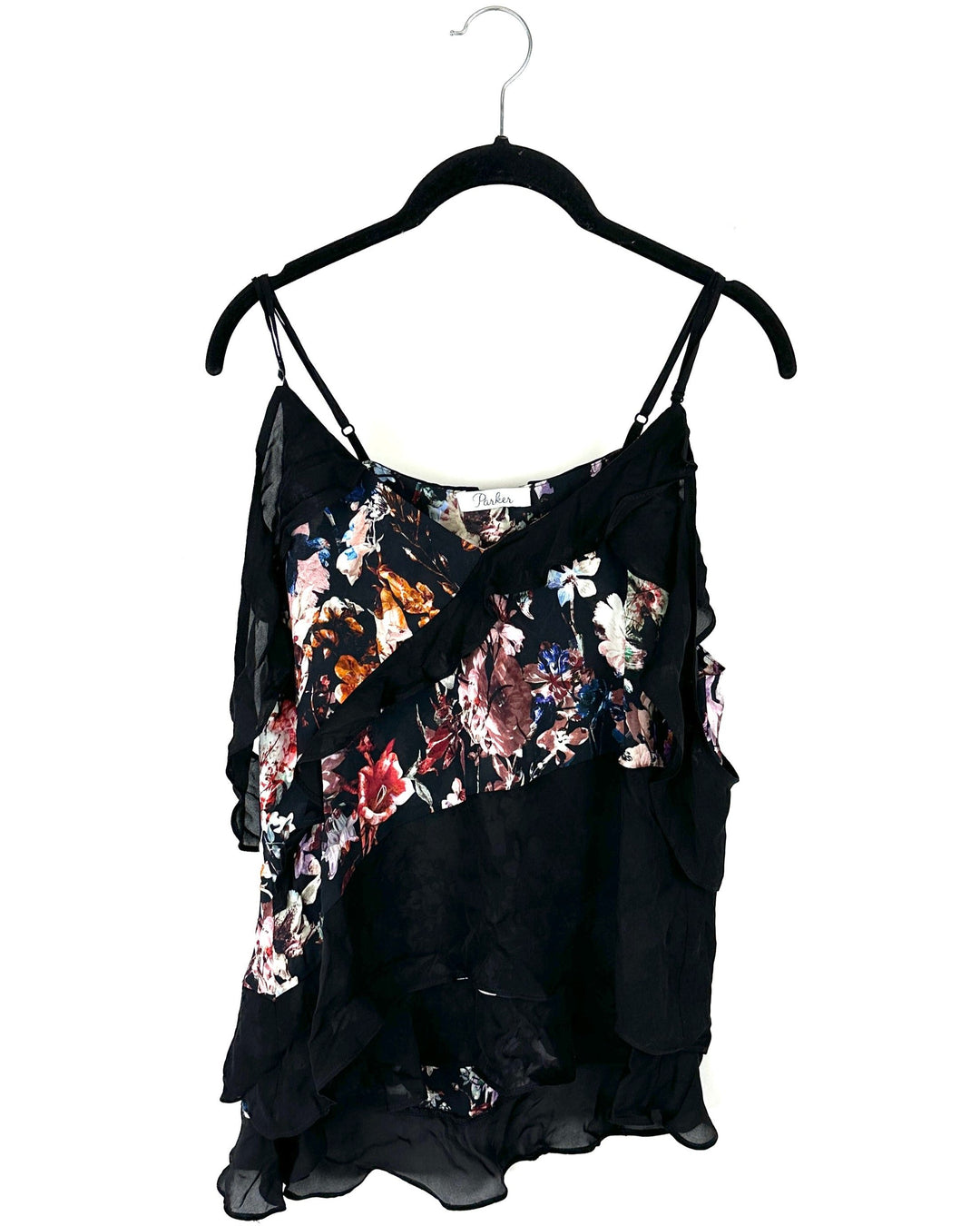 Black And Multicolor Floral Open Shoulder Sleeve Ruffled Blouse - Small