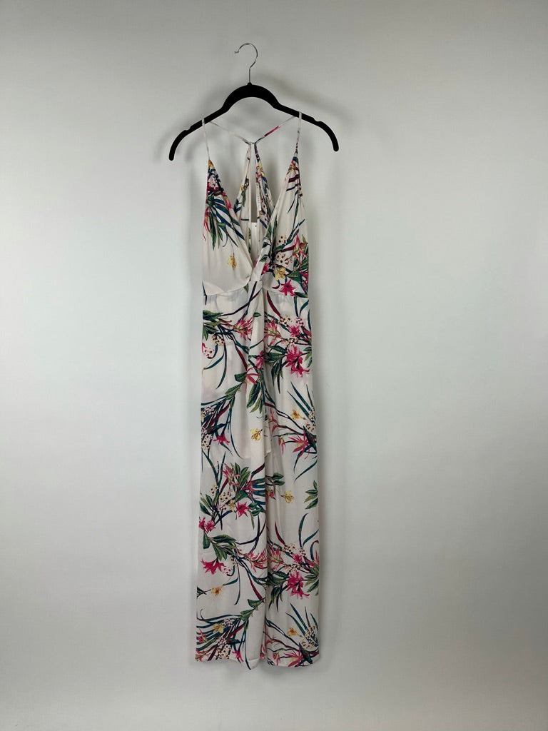 White High Low Dress With Bright Floral Print - Small