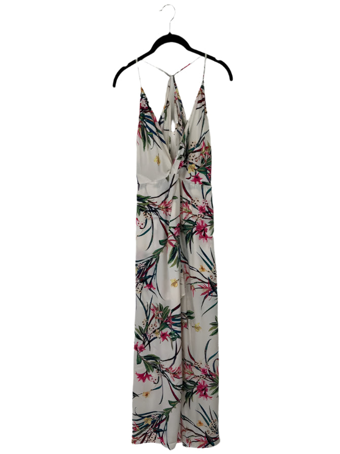 White High Low Dress With Bright Floral Print - Small