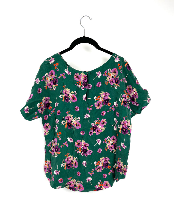 Green Floral Short Sleeve Blouse - Size 6