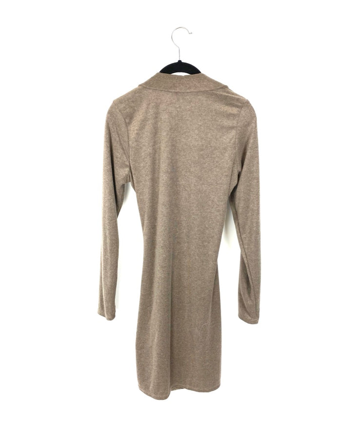 Taupe Long Sleeve Wrap Front Dress - Small