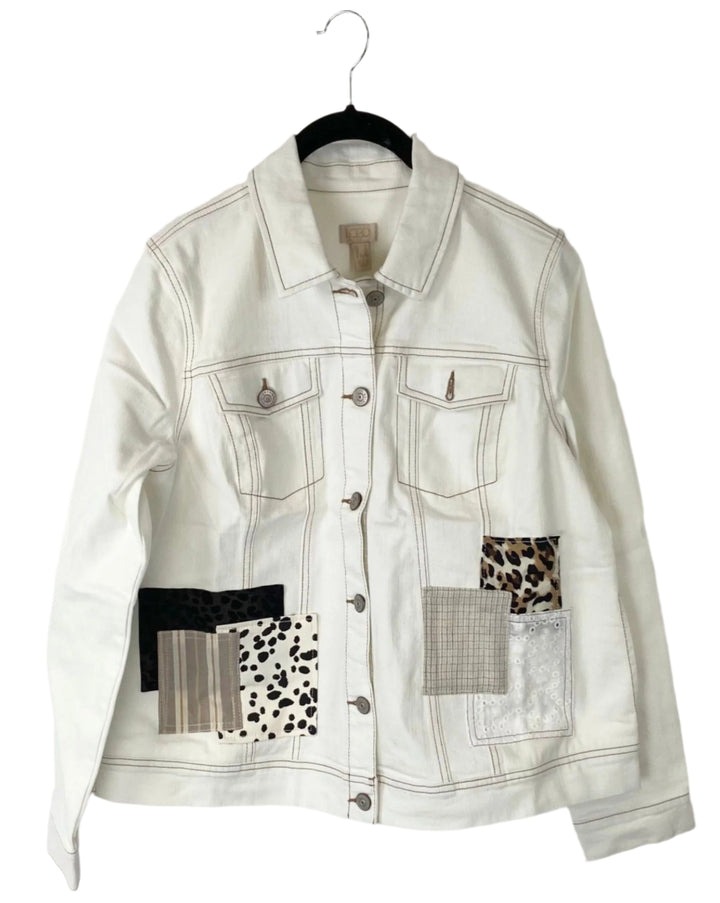 White Patchwork Denim Jacket - Size 8
