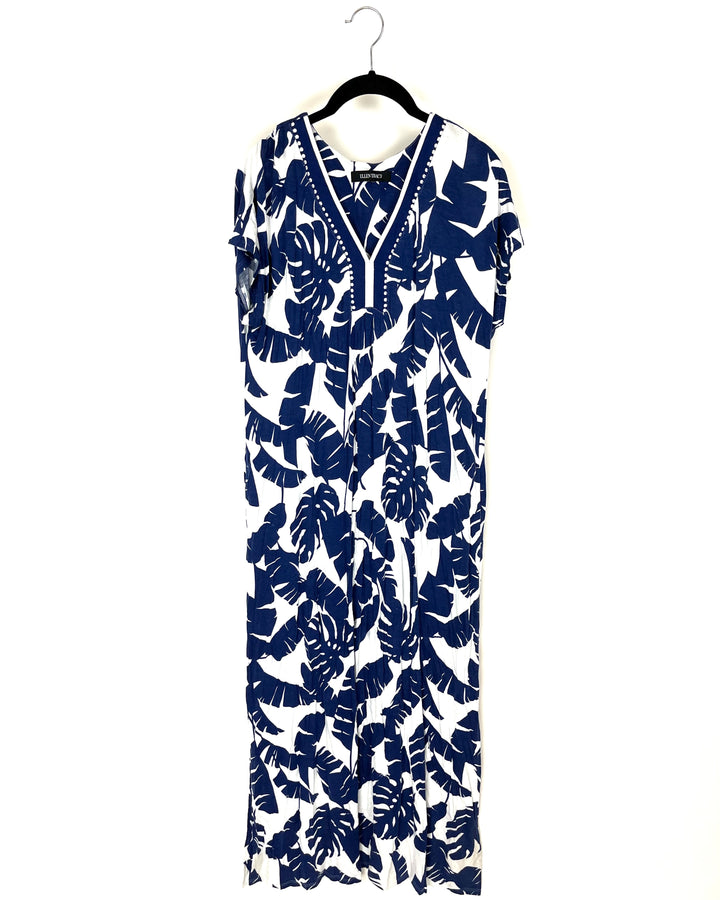 Navy Blue And White Tropical Dress - Small/Medium