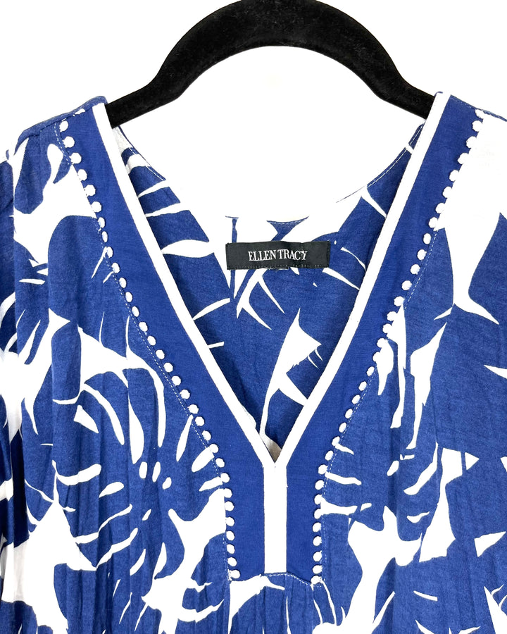 Navy Blue And White Tropical Dress - Small/Medium