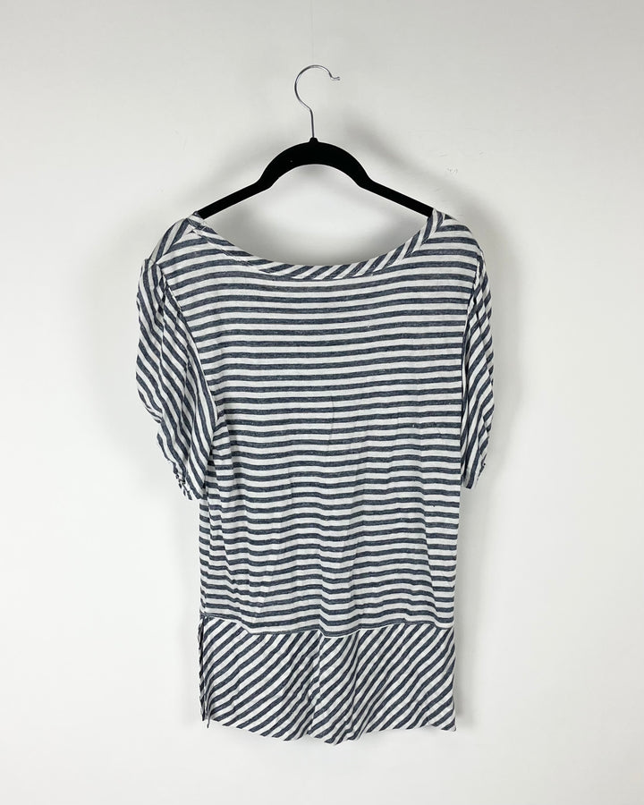 Blue And White Striped Short Sleeve Blouse - Small