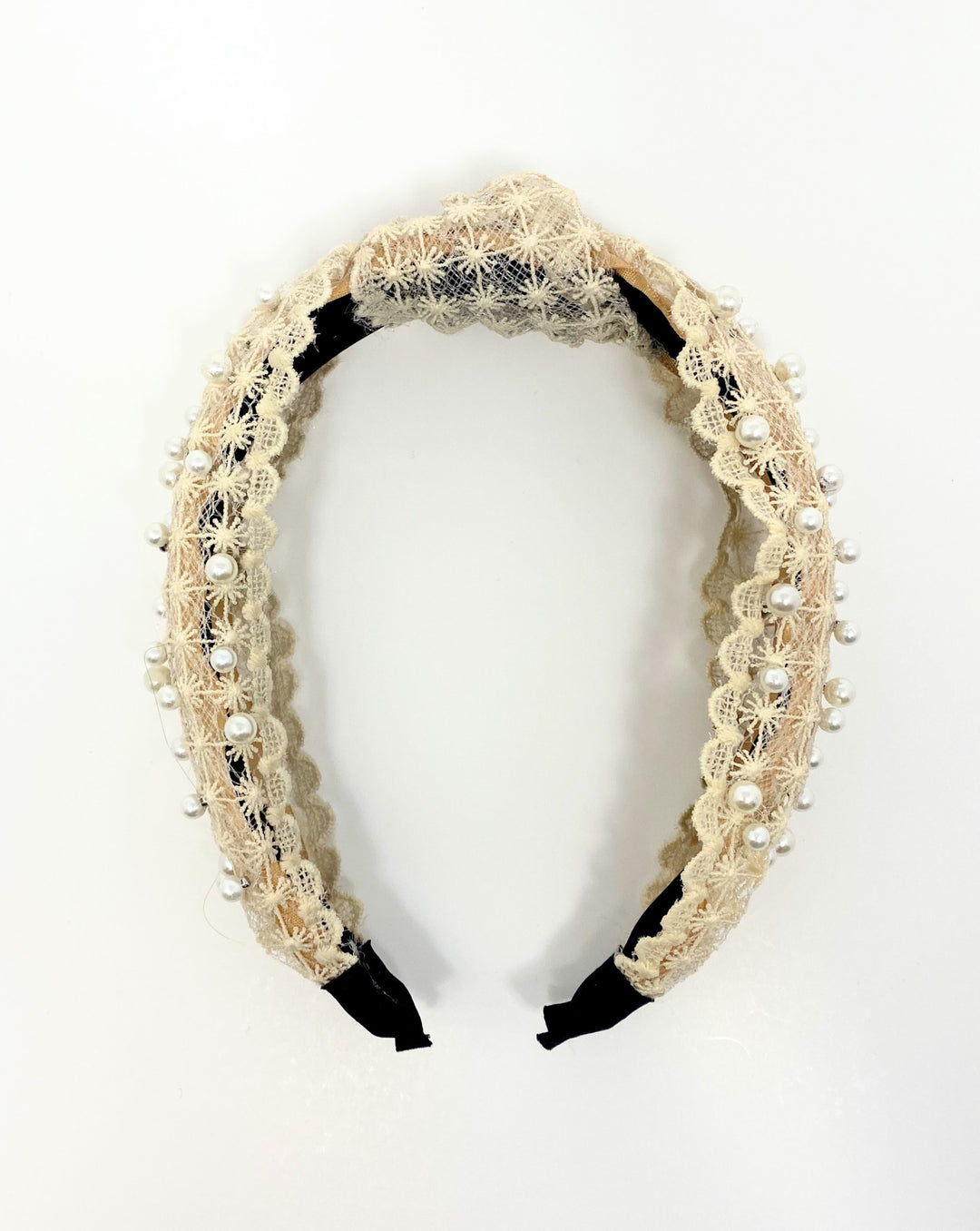 Cream Lace And Faux Pearl Knotted Headband