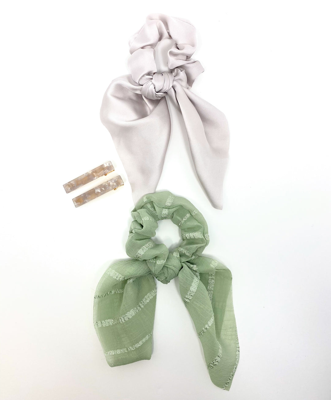 Silver And Mint Green Bow Scrunchies With Tan Clips
