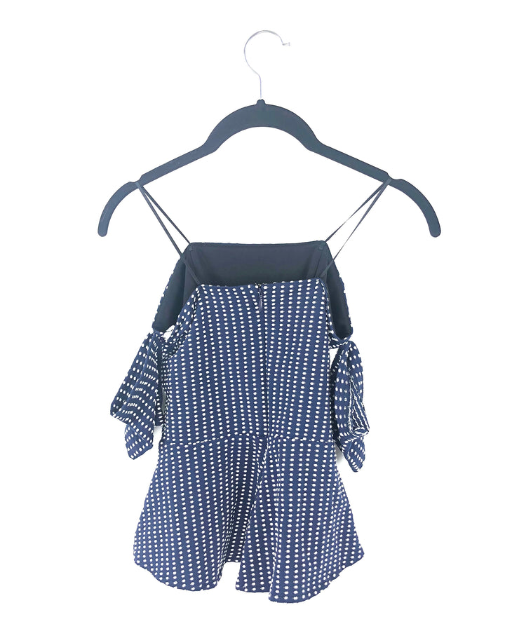 Off The Shoulder Blue And White Polka Dot Peplum Top - Small