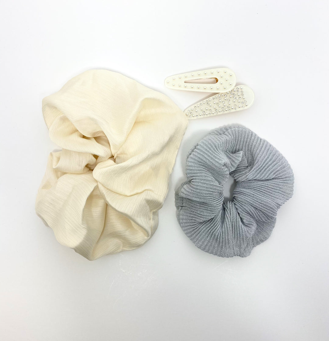Cream And Glittery Grey Hair Clip Scrunchie Set