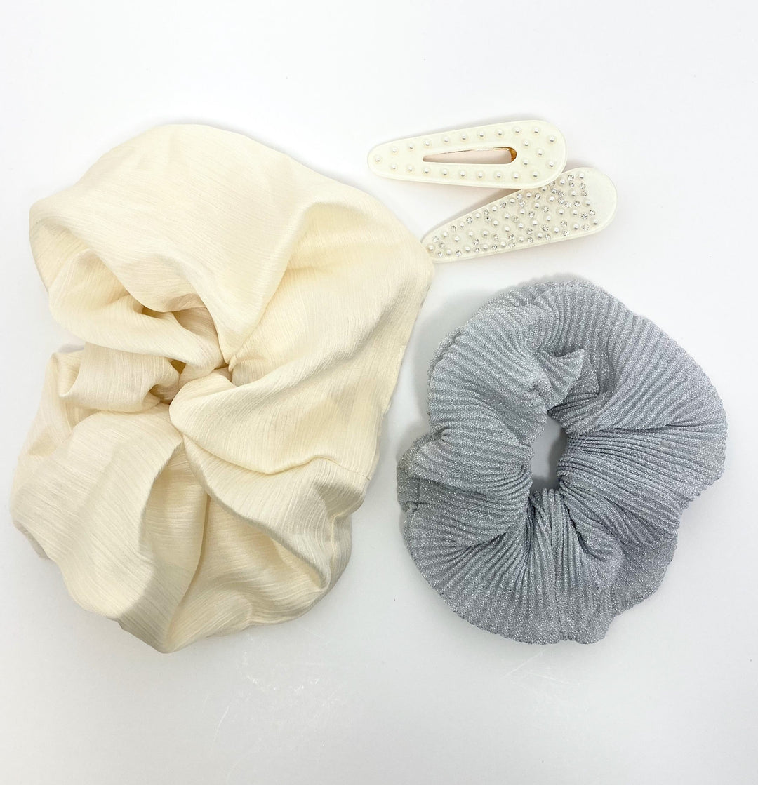 Cream And Glittery Grey Hair Clip Scrunchie Set