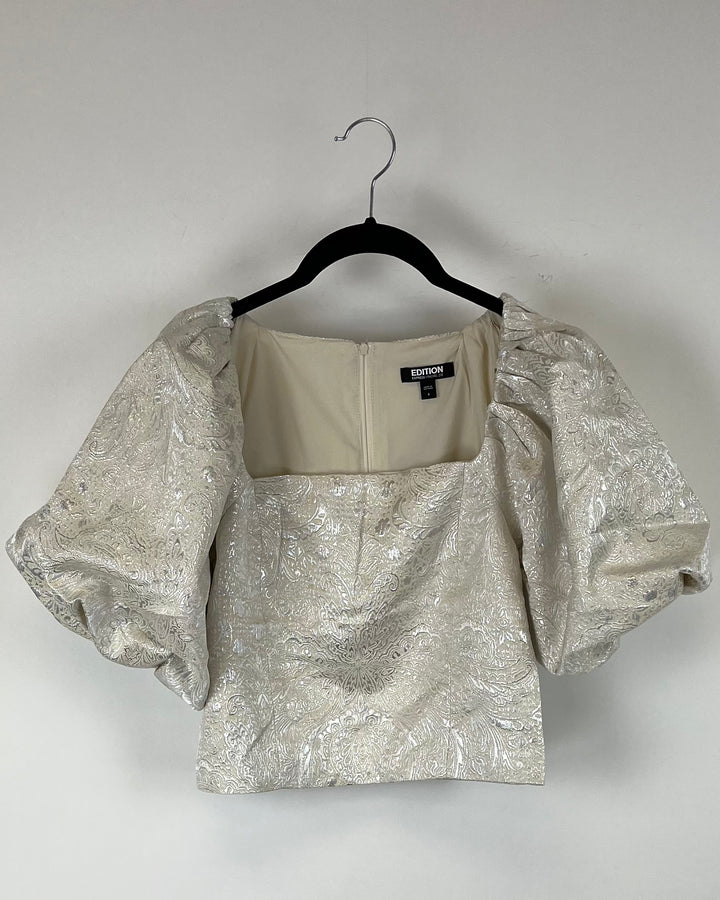 Metallic Jacquard Puff Sleeve Cropped Blouse- Size 00, 0, 10