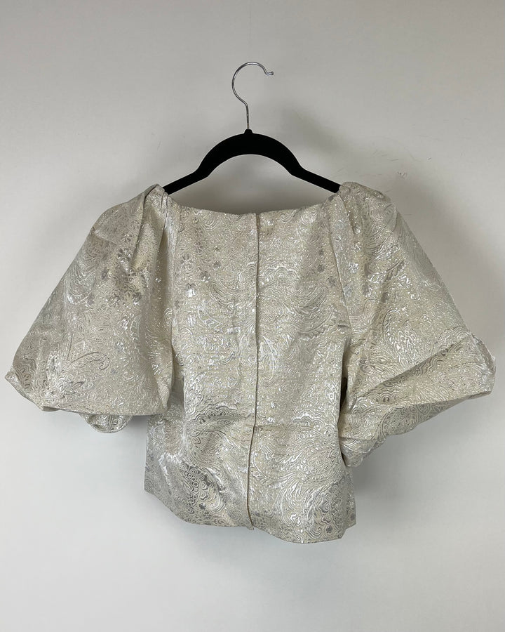 Metallic Jacquard Puff Sleeve Cropped Blouse- Size 00, 0, 10