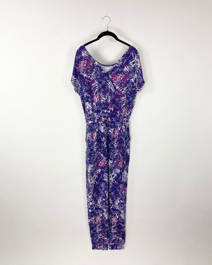 Purple and Pink Leaf Printed Jumpsuit - Size 6/8
