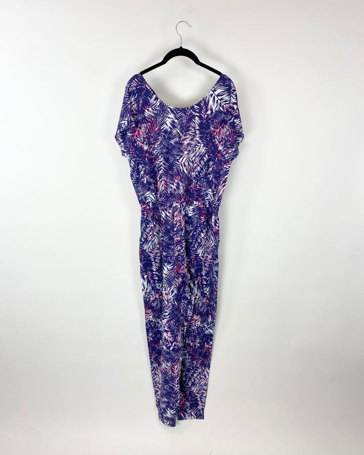 Purple and Pink Leaf Printed Jumpsuit - Size 6/8