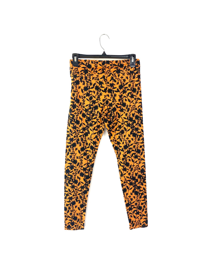 Orange Abstract Floral Leggings - Small