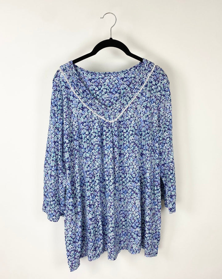 Blue Floral Print Pajama Set - 1X