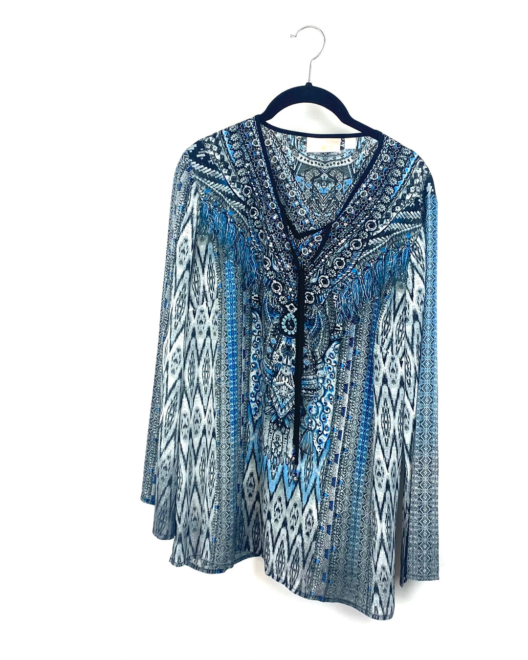Blue And Grey Long Sleeve Blouse With Beaded Neck Line - Medium/Large
